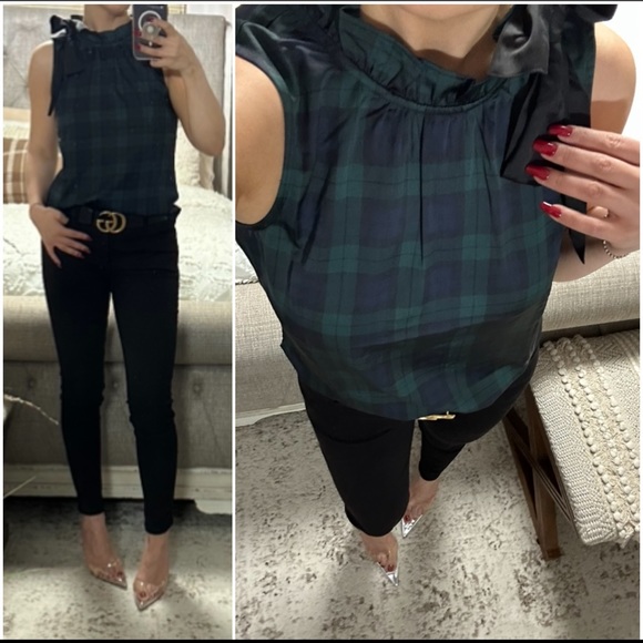 New❤️💚Beautiful Blackwatch /Red plaid bow-neck blousy top - Picture 6 of 8